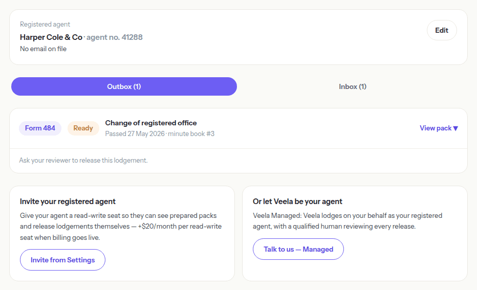 The ASIC hub showing registered agent details, Outbox and Inbox tabs, and cards to invite your own agent or move to Veela Managed.