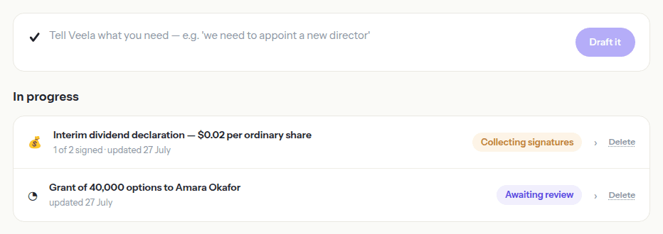 The plain-language composer, with a typed request for an option grant and a list of drafts already in progress.