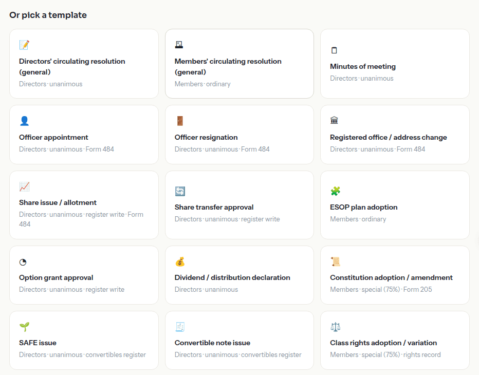 The template picker showing 17 resolution types, from officer changes to ESOP grants and class-rights variations.