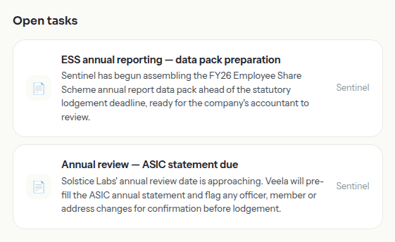 Close-up of open tasks the sentinel has opened early, including ESS annual reporting and the annual review, each tagged with its lead time.
